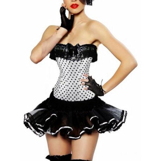 Corset Set White Polka Dot Top and Black Skirt - Click Image to Close