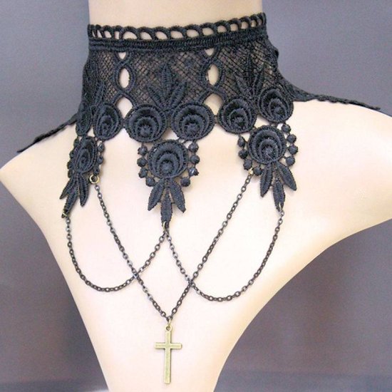 Choker Necklace Black Lace Cross Charm - Click Image to Close