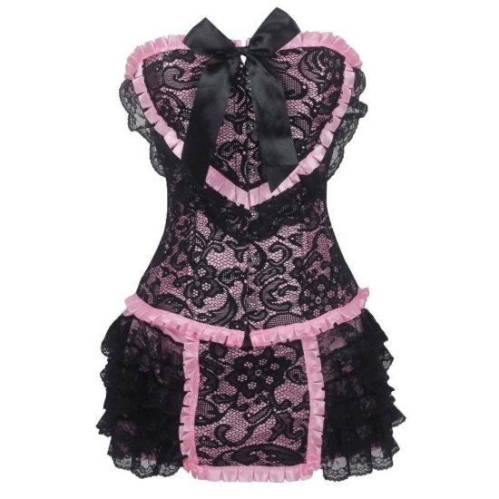 Corset Set Pink with Black Lace Overlay Design - Click Image to Close