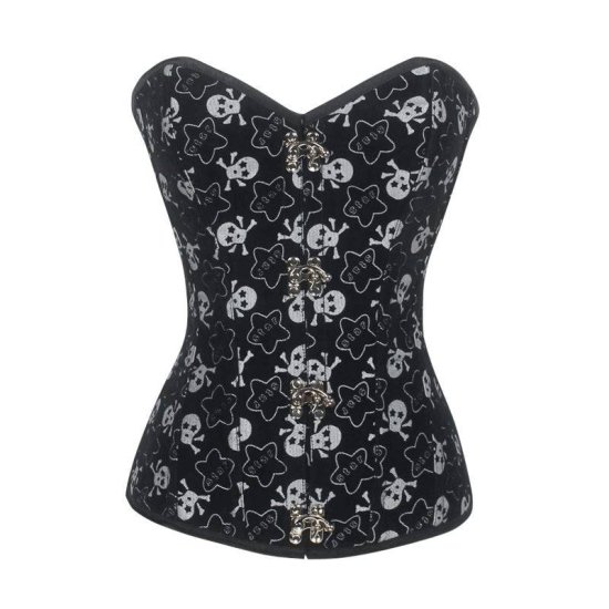 Steel Boned Corset Black with Skulls and Hinge Closures - Click Image to Close