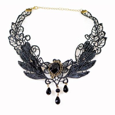 Choker Necklace Beaded Black Rose in Lace
