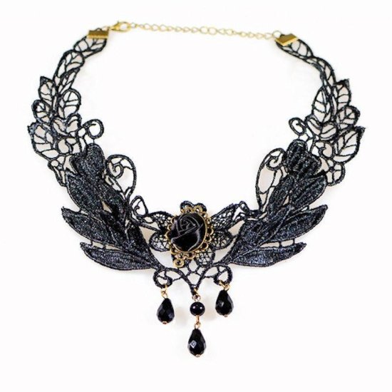 Choker Necklace Beaded Black Rose in Lace