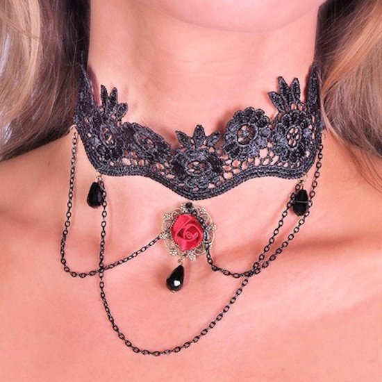 Choker Necklace Black Lace Red Rose - Click Image to Close