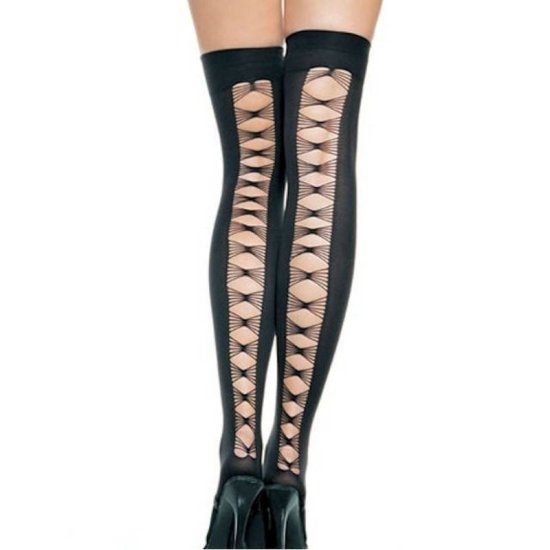 Stockings Black Thigh High with Opaque Design in Back - Click Image to Close