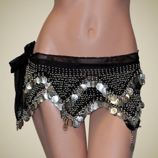 Belly Dance Crochet Hip Scarf Sash with Silver Coins - Click Image to Close