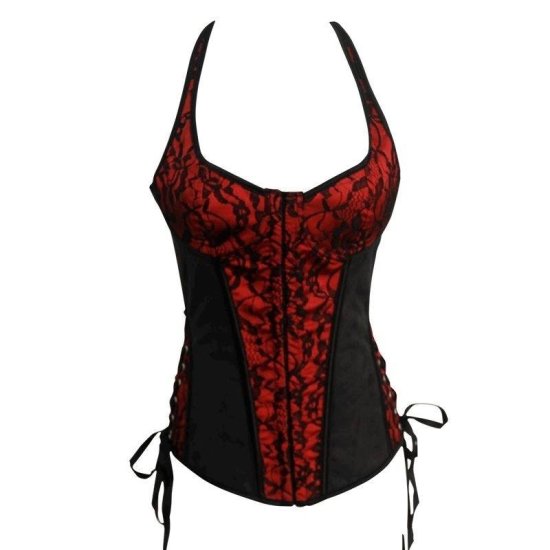 Corset Black and Red Halter Minimizing Waist Design - Click Image to Close