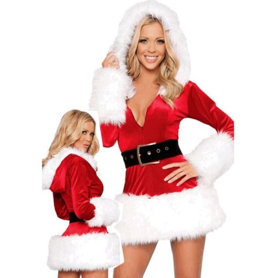 Faux Fur Trimmed Hooded Mini Dress Christmas Costume - Click Image to Close