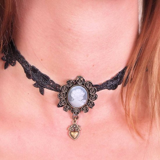 Choker Necklace Black Lace Heart with Cameo - Click Image to Close