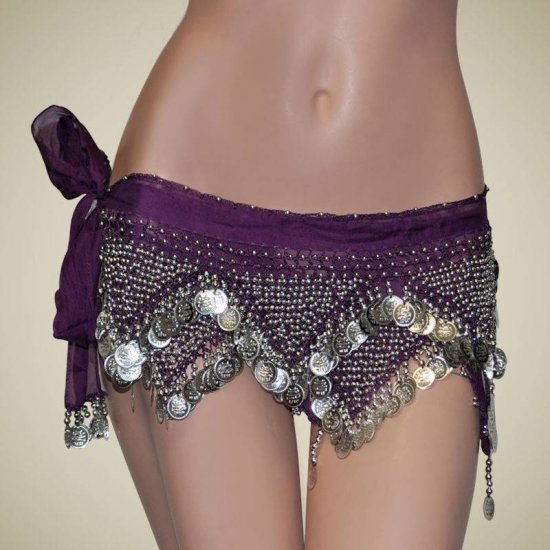 Belly Dance Crochet Hip Scarf Sash with Silver Coins - Click Image to Close