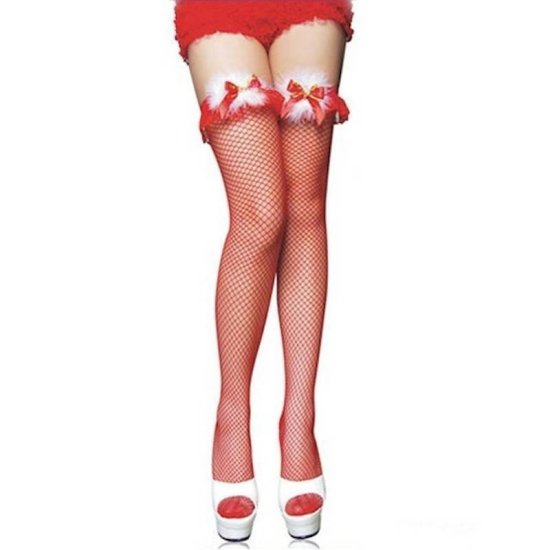 Stockings Fishnet with Jingle Bell Trim Thigh High Red or Black - Click Image to Close