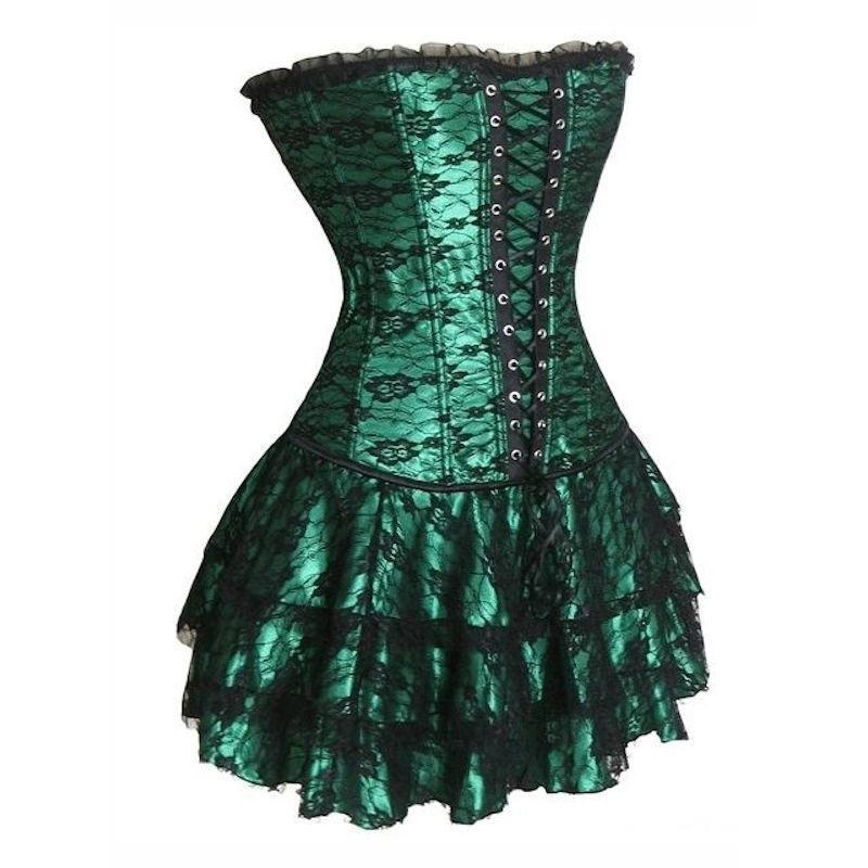 Corset Set Green with Black Lace Overlay Design - Click Image to Close