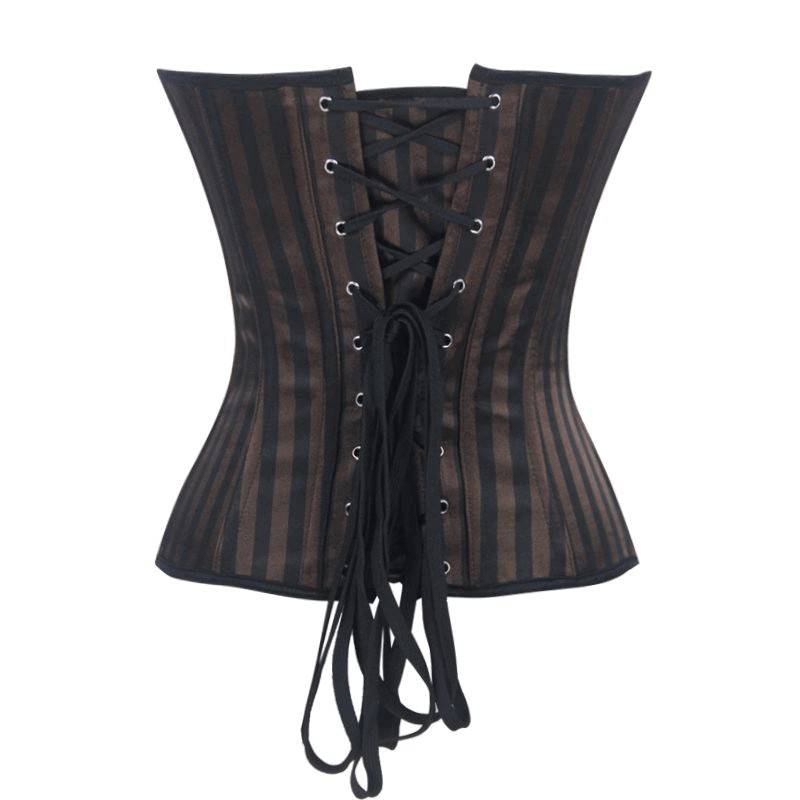 Steel Boned Corset Steam Punk Brown Striped Belted - Click Image to Close