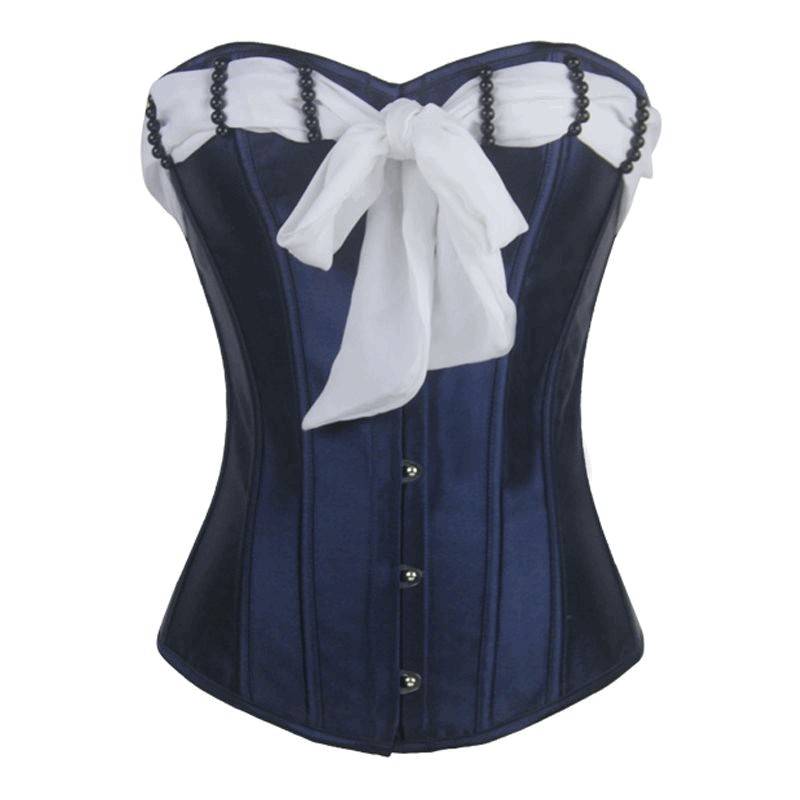 Corset Blue with White Tie and Black Beaded Trim - Click Image to Close