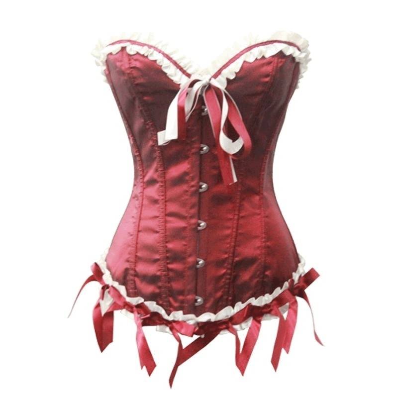 Corset Burgundy Satin with Lace Ruffles - Click Image to Close