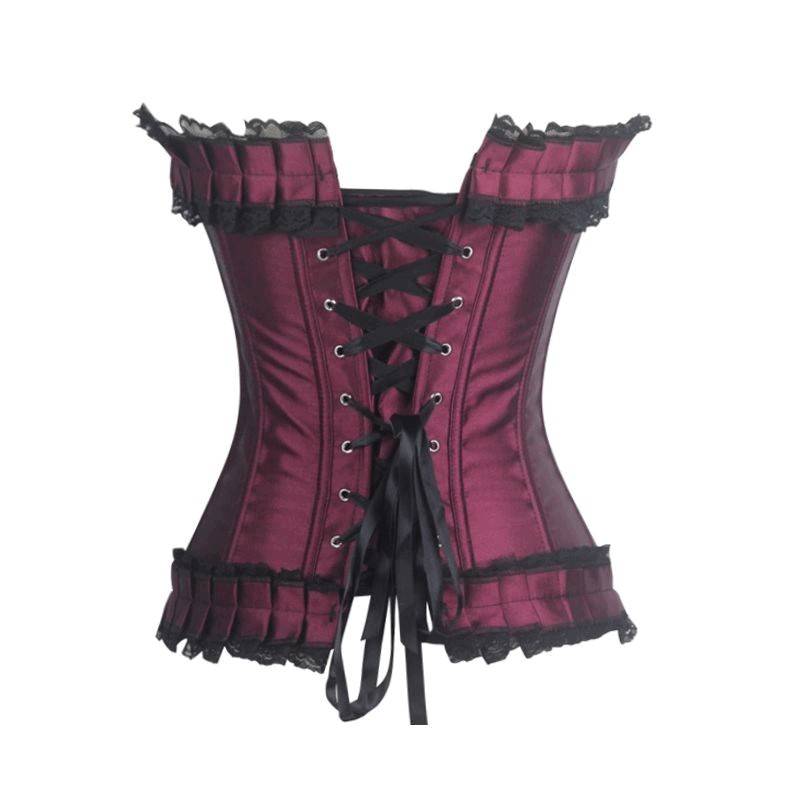 Corset Burgundy Satin with Ruffle Edging - Click Image to Close