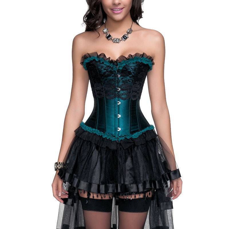 Corset Teal with Black Lace Overlay Design - Click Image to Close