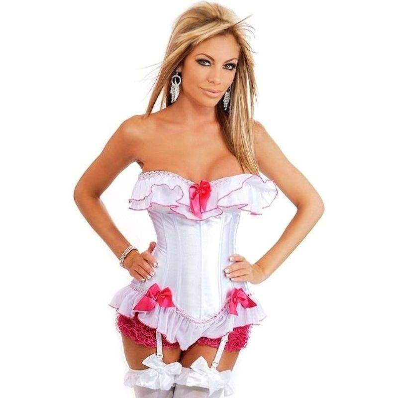 Corset White with Pink Satin Bows and Trim - Click Image to Close
