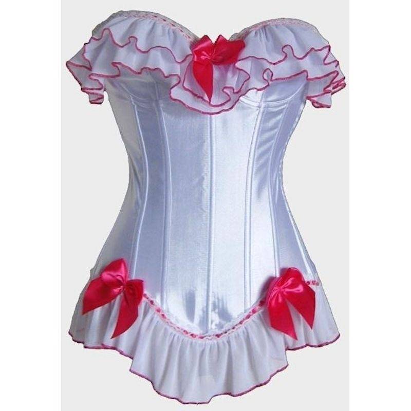 Corset White with Pink Satin Bows and Trim - Click Image to Close