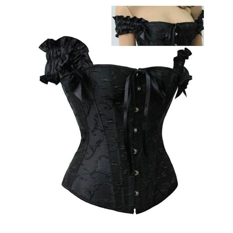 Steel Boned Corset Black with off the Shoulder Sleeves - Click Image to Close