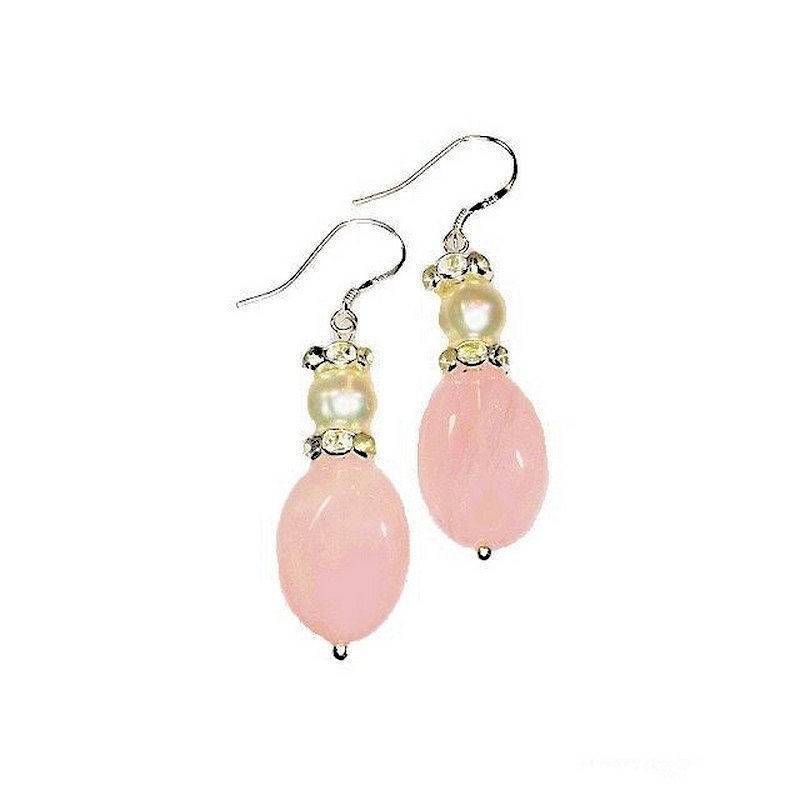 Earrings Pearl and Rose Quartz Gemstone - Click Image to Close